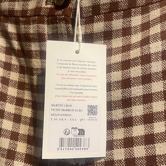 Sezane Martin Crop Brown Gingham- Checkered Wide Leg Pants- New with tags - Picture 6 of 8